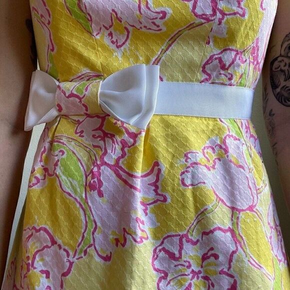 Lilly Pulitzer Strapless Y2K Cotton Yellow Floral Mini Bow Summer Dress Sz 2 - Picture 5 of 10